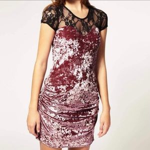 ASOS Liquorish Crushed Velvet Pink Black Lace Back Cinched Mini Dress XS 0